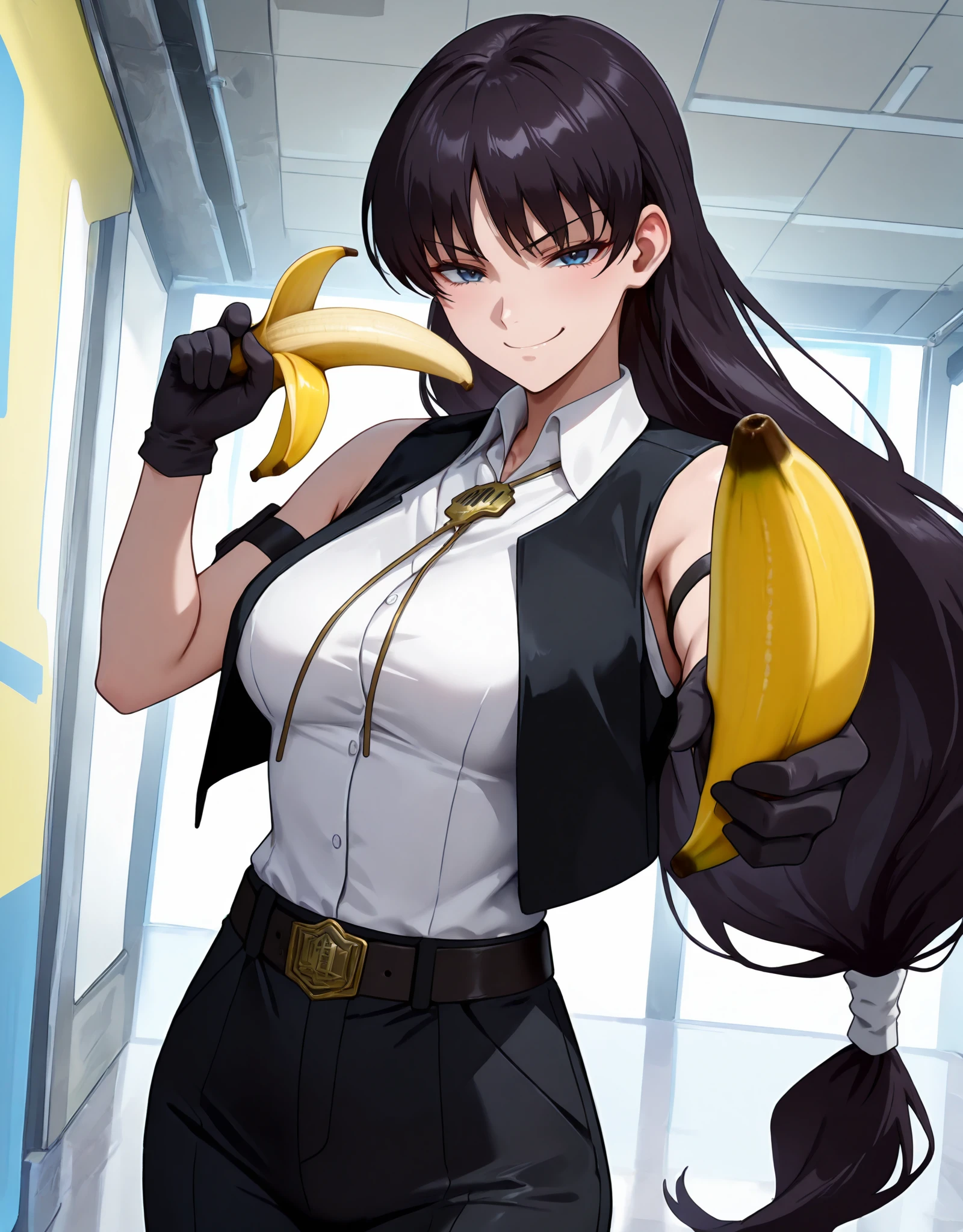 masterpiece, illustration, anime, CG, 4K, ultra-detailed,
<lora:RobertaIllustV1:0.85>
1girl, Roberta, solo, blue eyes, black hair, black pants, black gloves, sleeveless, armband, collared shirt, white shirt, belt, vest, pendant, end-tied hair,
holding food, banana (object), aiming at viewer,  smug smile,