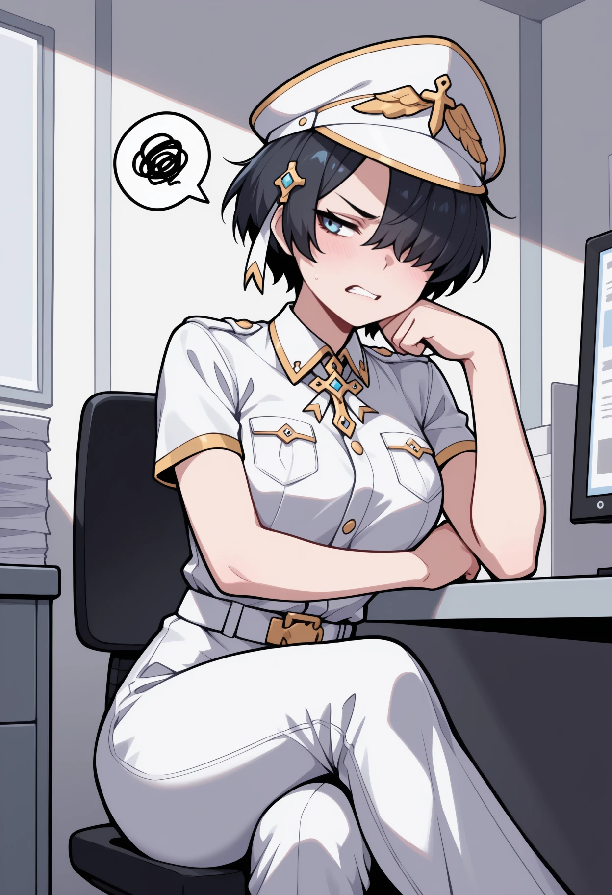 masterpiece, best quality, feet out of frame, solo, 1girl, htagl, clenched teeth, looking to the side, sitting, office chair, crossed legs, head rest, spoken squiggle, short hair, black hair, hair over one eye, hair ornament, blue eyes, white headwear, peaked cap, gold trim, white shirt, collared shirt, dress shirt, short sleeves, white pants, white belt, indoors, office, cubicle, table
<segment:yolo-Anzhc Face seg 640 v2 y8n.pt,0.4,0.5//cid=1>