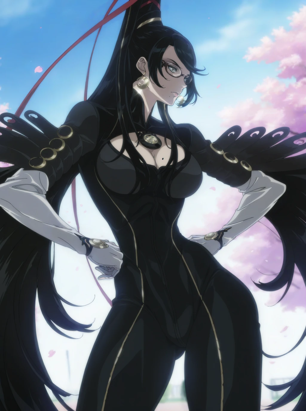 masterpiece, best quality, amazing quality, very aesthetic, absurdres, newest, scenery,  anime screencap   <lora:Bayonetta_Bloody_Fate:1> bayofate, black hair, very long hair, large breasts, bangs, grey eyes, mole under eye, glasses, earrings, mole, mole under mouth,black clothes, skinsuit, cleavage, jewelry, amulet, white gloves, feathered sleeves, red ribbon,, high heels,  cowboy shot, park, cowboy shot, , cherry blossoms, backlighting, sexy pose, ass