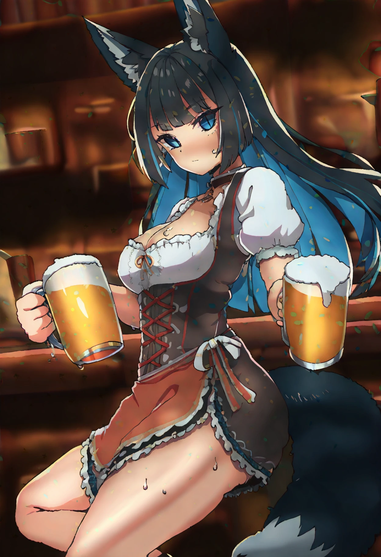 1girl, ((masterpiece,best quality,extremely detailed )), seductive smile, kawaii and cute, blue eyes, medium breasts,nsfw,breasts out, best quality, 1girl, Kurokawa Akane, black hair, smile, looking at viewer, peeing in cup, cup, mug, squatting, detailed beautiful face, nsfw, german beer maid, dirndl, leiderhosen, corset, black hair, medium breasts,public hair, bare breasts, squatting on top of a bar, peeing into a beer mug, holding beer mugs, at oktoberfest, smile, blush, shiny skin, akane, ((breasts out))
