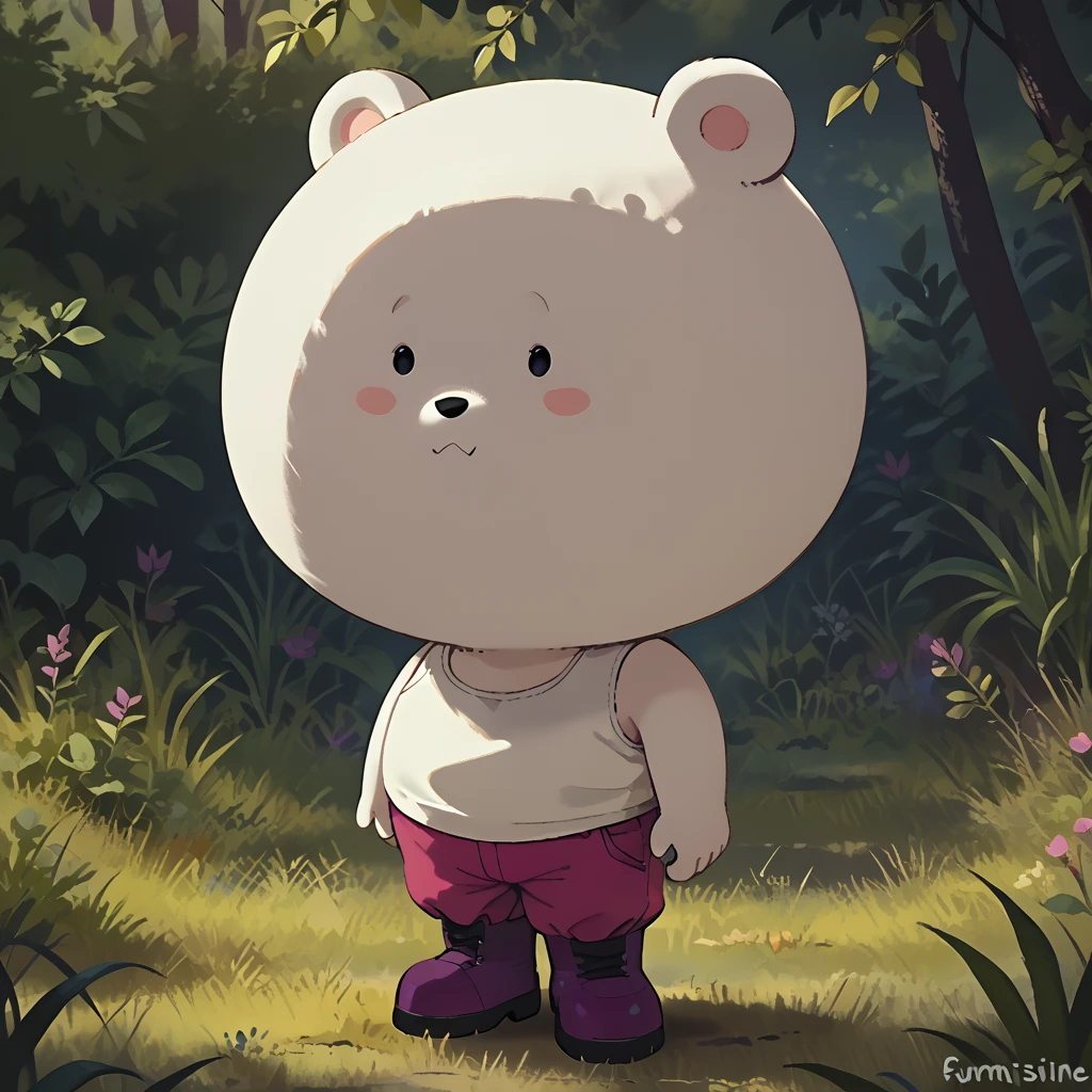 score_9, score_8_up, score_7_up, <lora:mimosin-000009:0.9> uwmimosin, white bear, 1boy, solo, full body, dot eyes,  white tank top, dark-pink pants, dark-purple boots,