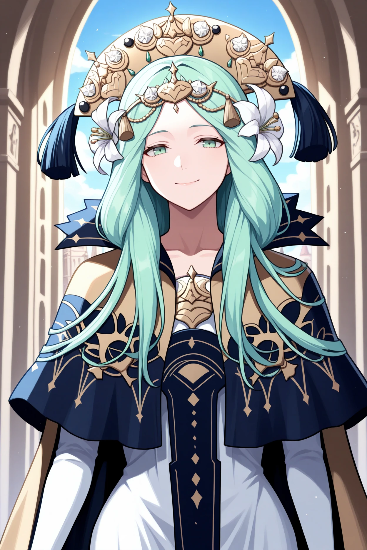 masterpiece, best quality, 1girl, solo, <lora:ferhea-illu-nvwls-v1-000005:1> dfrh3a, green hair, long hair, green eyes, gold headdress, hair flower, tiara, blue and gold cape, high collar, white dress, long dress, blue tabard, long sleeves, looking at viewer, smile, cathedral, blue sky, clouds, serene smile, upper body, (half-closed eyes:0.7), gold brooch,