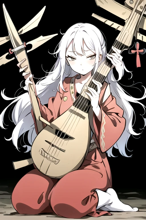 (masterpiece:1.2, best quality),ultra-high-detailed,ultra-detailed,sense of strength,finely detailed iris,anime,staff,full body,solo focus,mid_shot,
BREAK
1girl,((holding biwa_lute)),solo,playing biwa_lute,white hair,sitting,seiza,white eyes,half-closed_eyes,red kimono,absurdly long hair,red pants,sharp eyes,
BREAK
simple background,spider lily,black background BREAK moody lighting,skindentation,shiny skin,<lora:hyperdetailer_v095:0.3>,<lora:ZaoDaoV1:0.5>,<lora:half-closed_eyes:lbw=MIDD>,<lora:HEIKE-BIWA:0.65>,