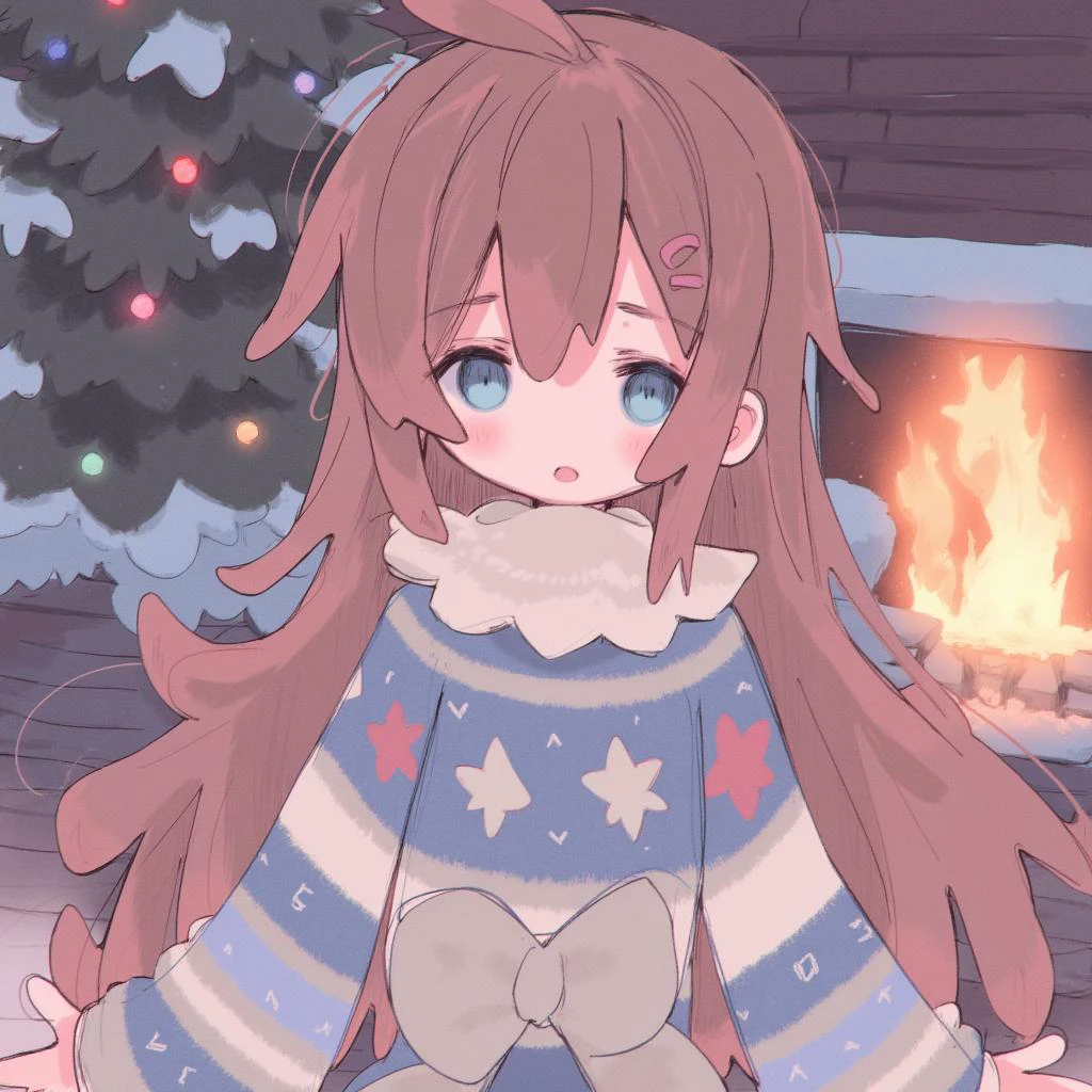 Urcarta \(Artist\), @urct, 裏方 \(芸術家\), 1girl, solo, (((portrait shot))), looking at viewer, blue eyes, long brown hair, Christmas sweater, background: indoors, winter log cabin with a burning fire place, Christmas tree