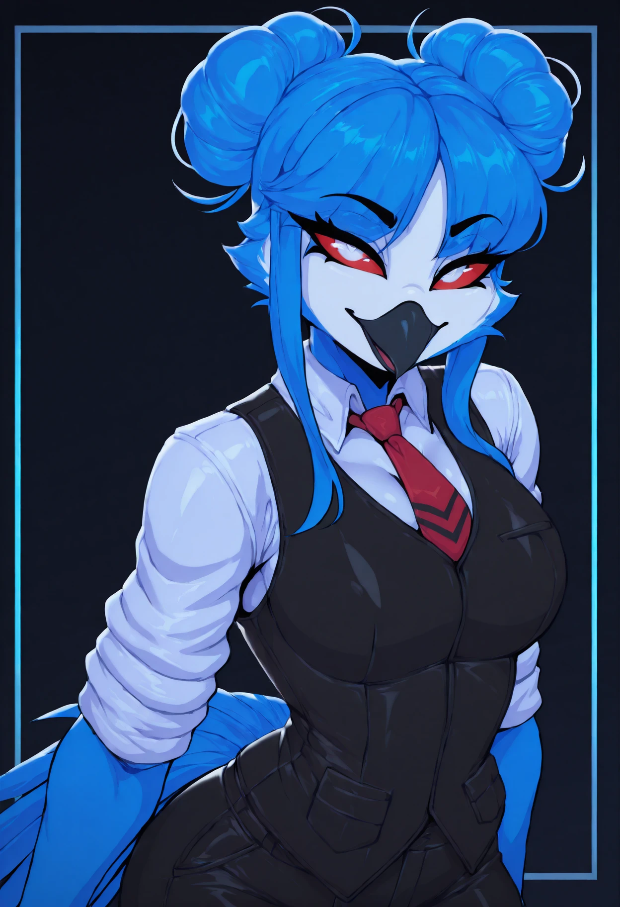 (beautiful, masterpiece, detailed), theine, 1girl, solo, k1sh1r0, female anthro bird, furry bird, furry owl, avian, medium breasts, blue feathers, blue hair, hair buns, double buns, bangs, black beak, white face, red sclera, white eyes, white shirt, black vest, rolled up sleeves, necktie, black trousers, bird tail