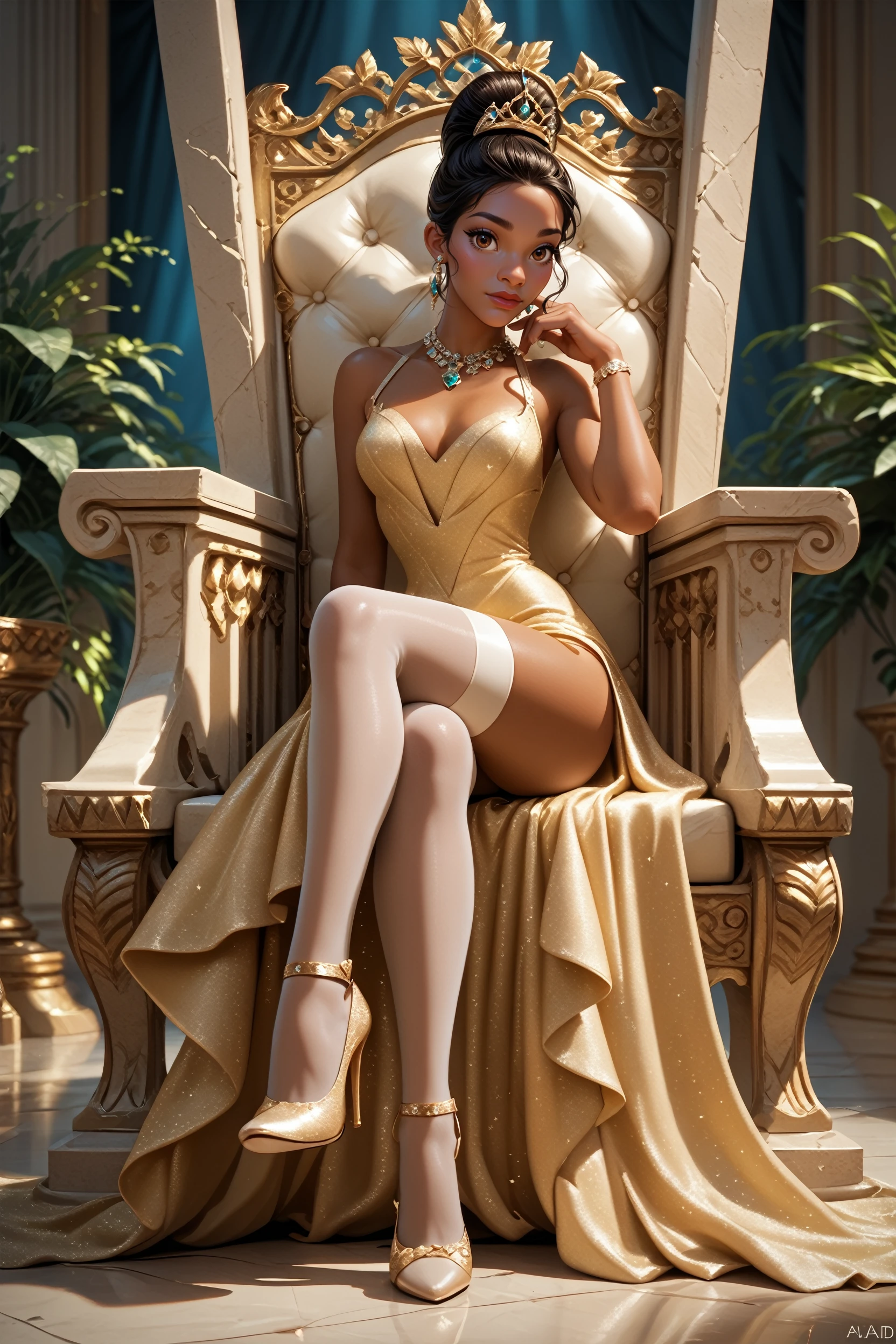 score_9, score_8_up, score_7_up, score_6_up
<lora:DTiana:0.8>
DTiana, 1girl, black hair, hair updo, brown eyes, dark skin, looking at viewer, sitting on a throne, legs crossed, thigh highs, high heels, dress, jewelry