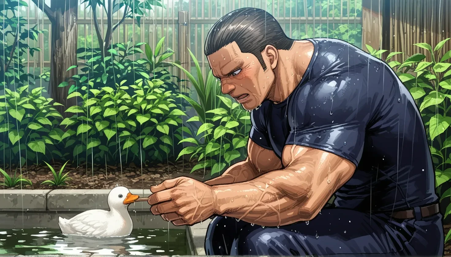 <lora:kiryuu:1>kiryuu, 1boy, 1boy, feeding ducks by a pond, in a garden, rainy day, muscular mal, <lora:NoobV065sHyperDmd:1>,, masterpiece, best quality, amazing quality, very aesthetic,, <lora:add-detail-xl:2>, (jinnai10,jinnai,:0.7),,(mushiro (nijie728995),:0.4)