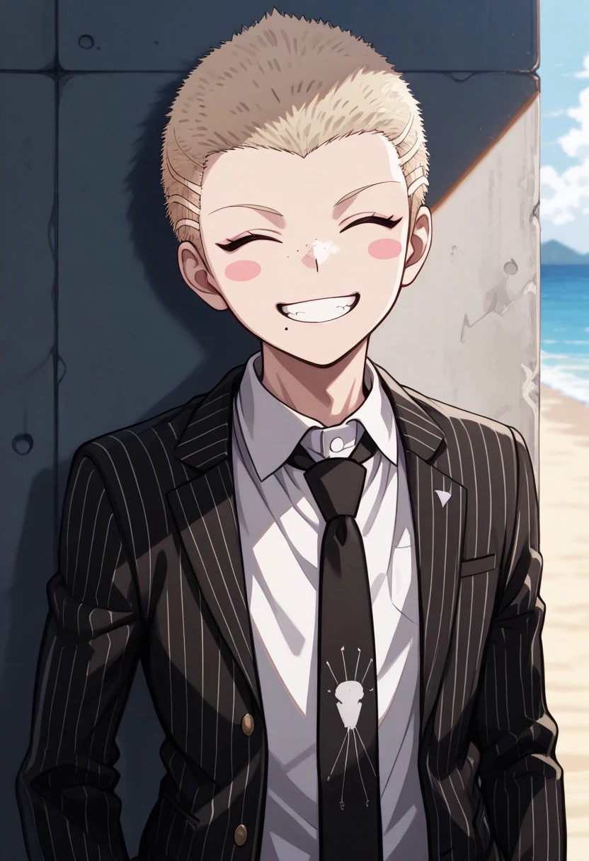 masterpiece, best quality, 
Fuyuhiko, 1boy, male focus, solo, closed eyes, blonde hair, very short hair, blush stickers, freckles, mole, mole under mouth, formal, shirt, white shirt, collared shirt, necktie, black necktie, jacket, black jacket, open jacket, open clothes, striped jacket, stripes, vertical stripes, smile, teeth,
outdoor, beach,