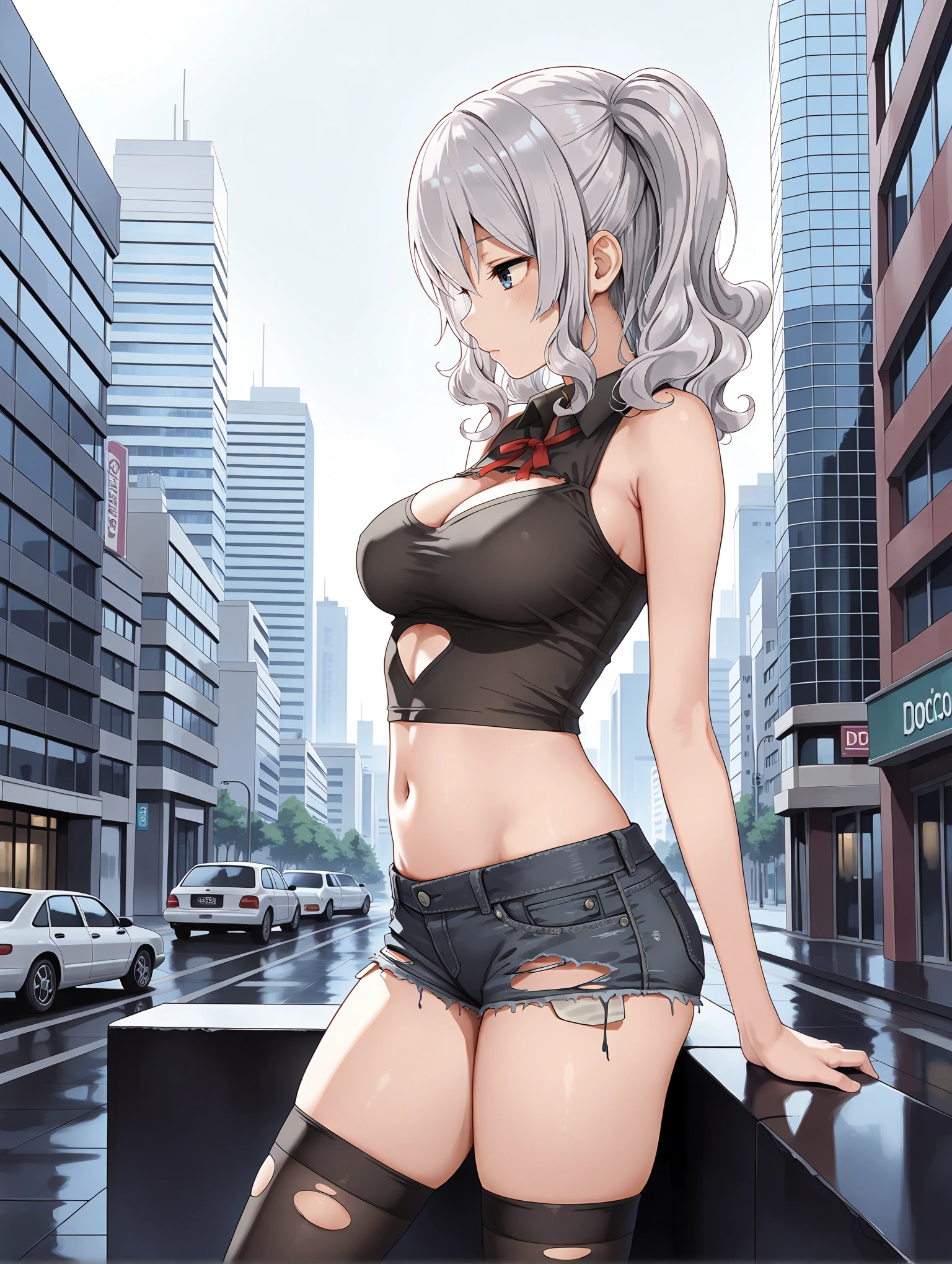 masterpiece,best quality,amazing quality,1girl,solo,
<lora:kashima_ilxl_v1.1:0.8>,kashima,
<lora:Fixhands_anime_bdsqlsz_V1:1>,cutoffs,torn_shorts,crop_top,navel_cutout,doc_martens,black_thighhighs,city,expressionless,looking_away,profile,