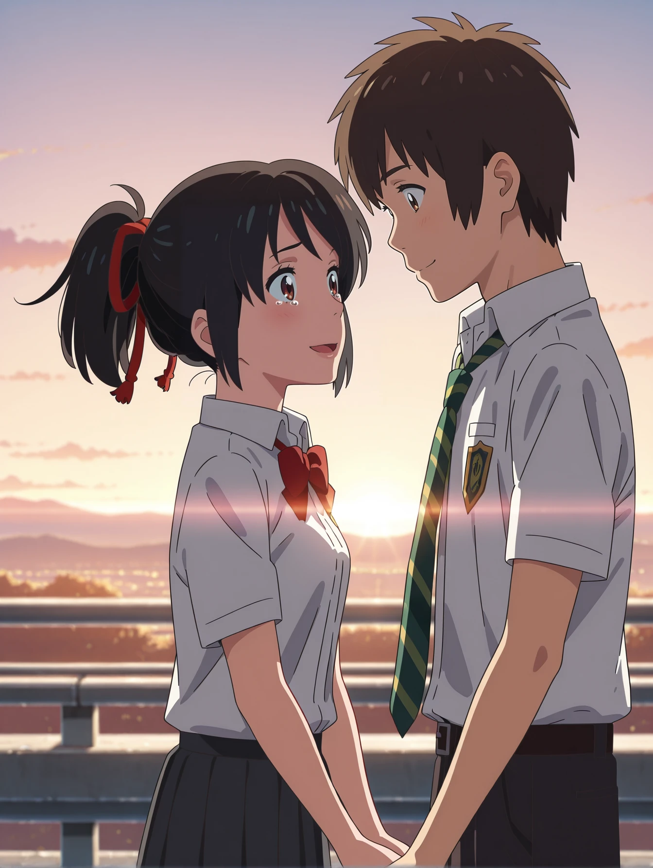 <lora:your-name-illustrious-000010:1> 1girl, 1boy, from side, sky, sunset. railing, lens flare, masterpiece, best quality, cinematic lighting [SEP] 1girl, 1boy, mitsuha, ponytail, hair ribbon, red ribbon, collared shirt, red bow, white shirt, short sleeves, pleated skirt, looking at another, smile, open mouth, tearing up [SEP] 1girl, 1boy, t4chib4na, white shirt, collared shirt, striped necktie, short sleeves, belt, pants, looking at another, smile