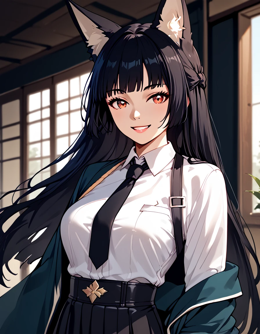 score_9, score_8_up, score_7_up, score_6_up, score_5_up, score_4_up, source_anime   <lora:ZenlessZoneZero:1>, portrait, smile,  hoshimimiyabi, red eyes, black hair, long hair, fox ears, necktie, collared shirt, white shirt, fingerless gloves, black skirt, black pantyhose,