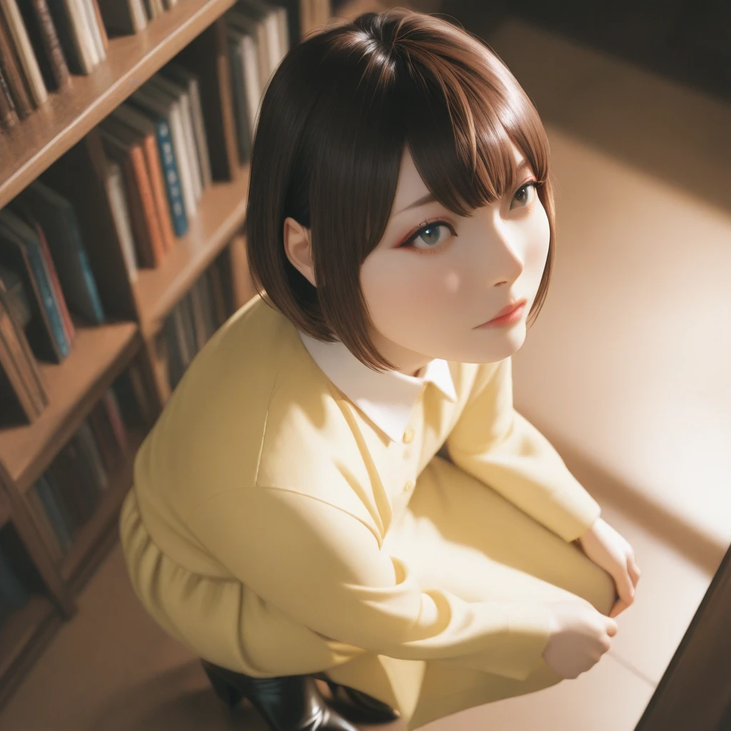 masterpiece, best quality,  <lora:Kanazawa Illust:1> kanahanazawa,  yellow dress, library,  short hair, from above, looking up, squatting, high heel boots, hands on own knees, makeup, upper body,