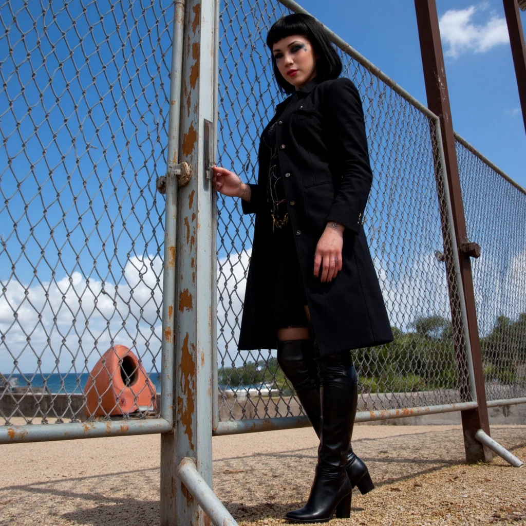 ultra realistic, ultra defined textures and colors, analog photography, 35mm film, prismatic effects lighting,  cinematic, blue hour lighting ,dark gothic young woman, wearing a beautiful high nick black blouse, black leather pants, a  long gothic coat,big high leather boots, looking directly at the viewer with nice smile, teeth, She's standing  in an abandoned amusement park, leaning on the  corroed oxidated old safety fence,  spotlight lighting highlighting her beauty. The background features a beautiful midday beach.  <lora:Asphyxia-Noir:1>