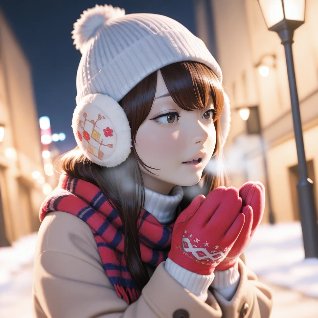 masterpiece, best quality,  <lora:Kanazawa Illust:1> kanahanazawa, long hair, visible breath, beanie, turtleneck sweater, mittens, breathing on hands, snow, night, lamppost, scarf, earmuffs,