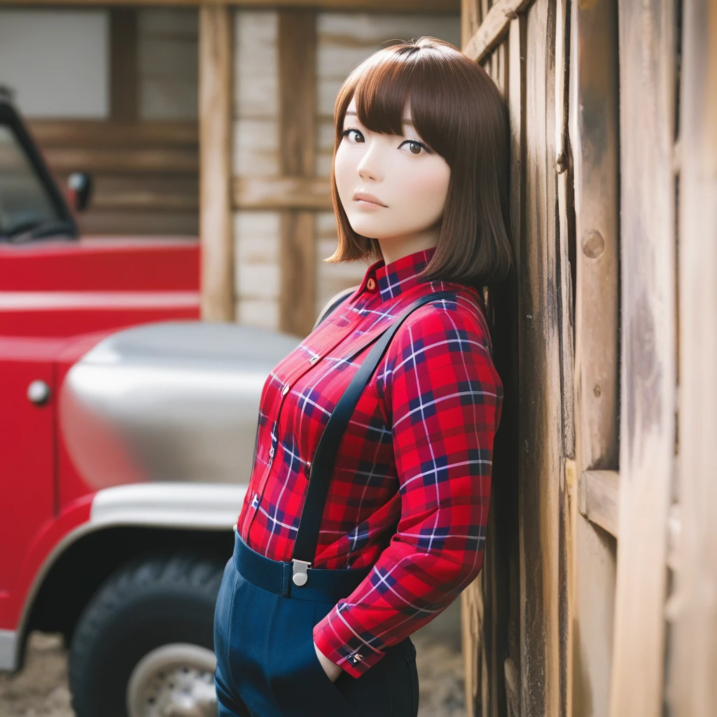 masterpiece, best quality,  <lora:Kanazawa Illust:1> kanahanazawa, red plaid shirt, suspenders, barn, truck, leaning back, profile, looking at viewer, cowboy shot,