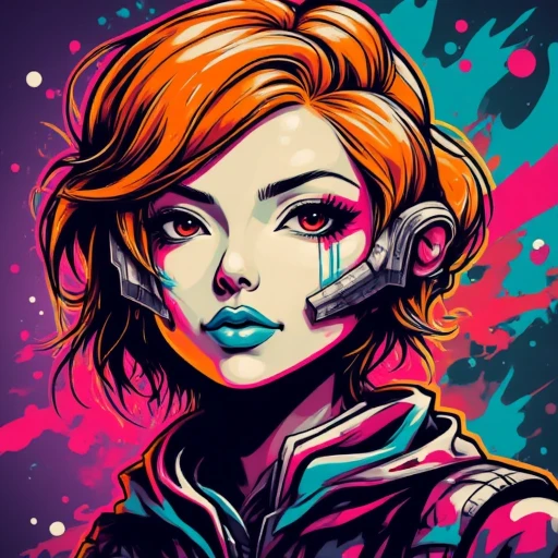 Create a vibrant, stylized digital graffiti artwork featuring a close-up of a futuristic, stylized female face. The subject's hair is depicted in a stylized, exaggerated manner, styled in a high, spiky fashion with an orange hue, giving it a bold, futuristic look. She has a striking, angular face with sharp features, highlighted by a white stripe across her cheek. She is wearing a metallic headband or visor that frames her face, adding to the futuristic aesthetic. The colors are bright and bold, with a high contrast that enhances the futuristic feel. The background is a gradient of deep purples and blues, adding depth and a sense of mystery. The overall composition is dynamic and eye-catching, emphasizing the subject's powerful and futuristic presence.