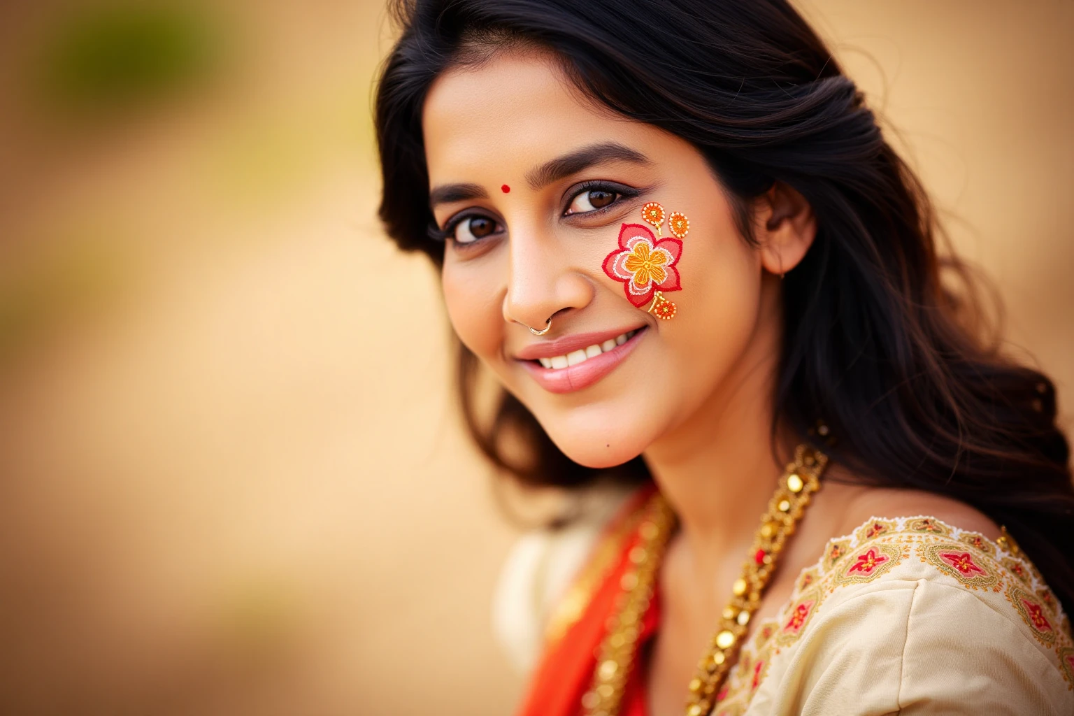 Close-up portrait of nabhanateshukohwx  with a warm, joyful expression.  Her skin is a light brown tone, and her dark hair is styled in loose waves.  She exhibits a gentle smile, her eyes looking directly at the camera.  She wears a traditional Indian outfit, a bright terracotta-red sari draped over a light off-white blouse.  The sari's design features intricate patterns and subtle embroidery.  A delicate gold necklace with intricate floral designs adorns her neck.  Her face is adorned with a significant amount of festive red and orange-tinted paint, typical of cultural celebrations, applied in a stylized pattern on her forehead and cheeks.  The subject's pose is relaxed, slightly turned towards the camera.  The background is blurred, creating a soft focus effect. Warm, natural lighting suggests an outdoor setting. Color palette is warm and earthy, featuring shades of red, orange, off-white. The focus is predominantly on the subject's face, and the lighting highlights her features, emphasizing her radiant expression. The artistic style is a subtle blend of documentary photography with soft focus, bringing a calm and celebratory mood to the image.  Soft, natural lighting and shallow depth of field. Historical, cultural style.  Traditional Indian dress. Close-up  portrait photography.
