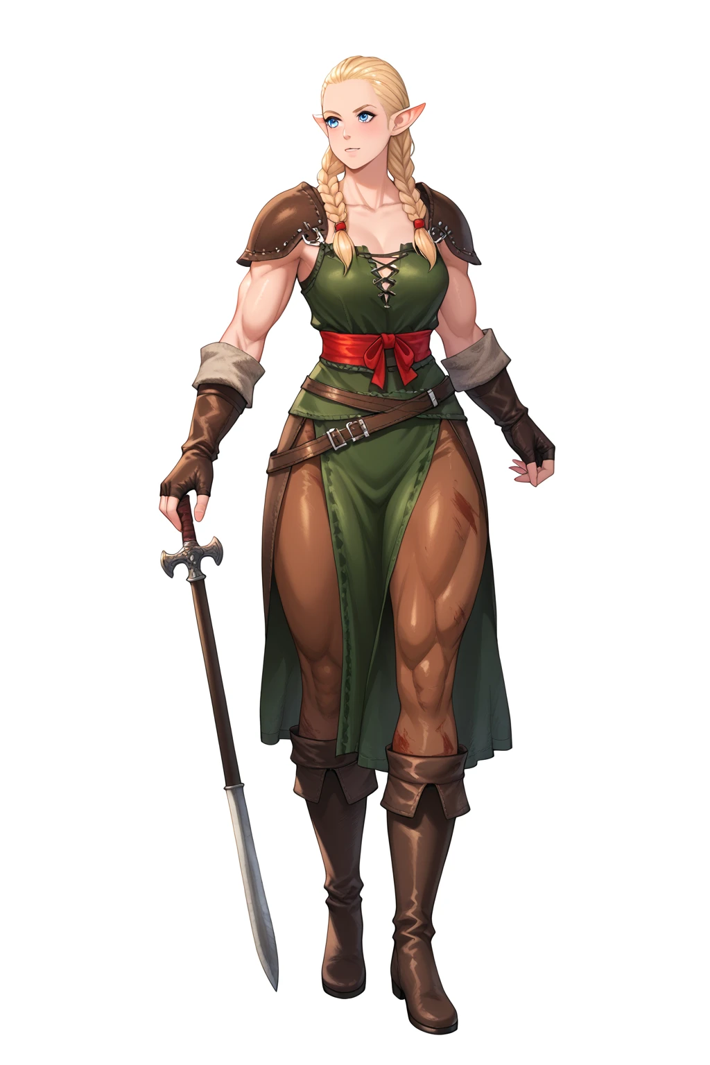 full-body medieval fantasy character of a muscular green skin humanoid female orc, 
simple background, white background,

a muscular Barbarian with full fur multi-layer armor, pointed ears,

her eyes are almond-shaped and blue eyes, 
she has a rugged, tribal appearance with a long blonde hair styled in braids,
and her skin is tanned, 
 
she is wearing a mix of medieval and fantasy-inspired attire, 
her attire includes a sleeveless leather armor with metal studs on her tunic and a fur vest on it, a brown leather belt with a red sash, 
her lower arms are wrapped in leather straps with metal accents, 
brown midi skirt, 
and fur-trimmed leggings, 
her boots are sturdy and made of leather, with visible straps and buckles, 