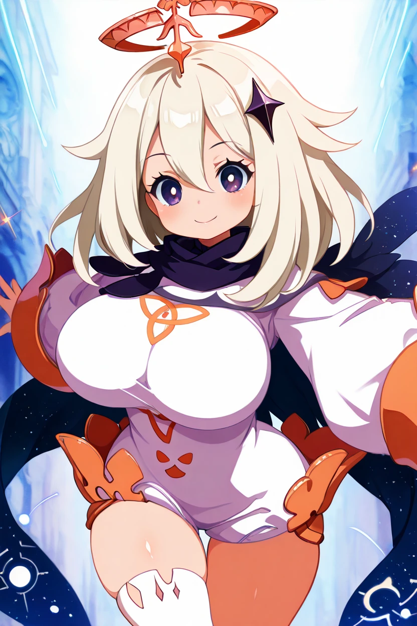 masterpiece, best quality, solo, curvy, beautiful eyes,,<lora:PaimonGenshinIXL_v2:1.0>, zzPaimon, huge breasts, purple eyes, hair between eyes, hair ornament, halo, long hair, short hair, white hair, long sleeves, dress, scarf, white dress, blue eyes, cape, thighhighs, single thighhigh, white thighhighs, dynamic pose, cowboy shot, smile, looking at viewer, shiny skin,<lora:HaradaTakehitoIXL_v3:1.3>, <lora:ZankuroIXLLight_v2:0.6>,