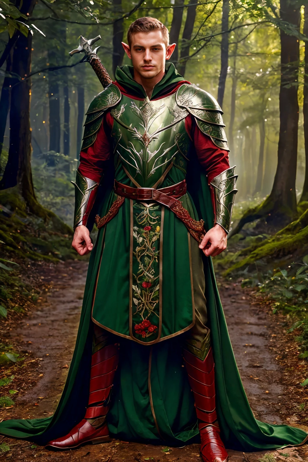 (full body), male focus, photo of JamesRyder, realism, forest background, dynamic pose, wearing intricate (red and green) armor, breastplate, belt, embroidered cloak, elar, (holding elvish sword), <lora:JamesRyder:0.8> , heroic posing, relaxed natural expression, elar, <lora:ElvenArmor:0.6>, professional light, cinematic lighting, fashion photography, ambient lighting, <lora:add_detail:0.3>