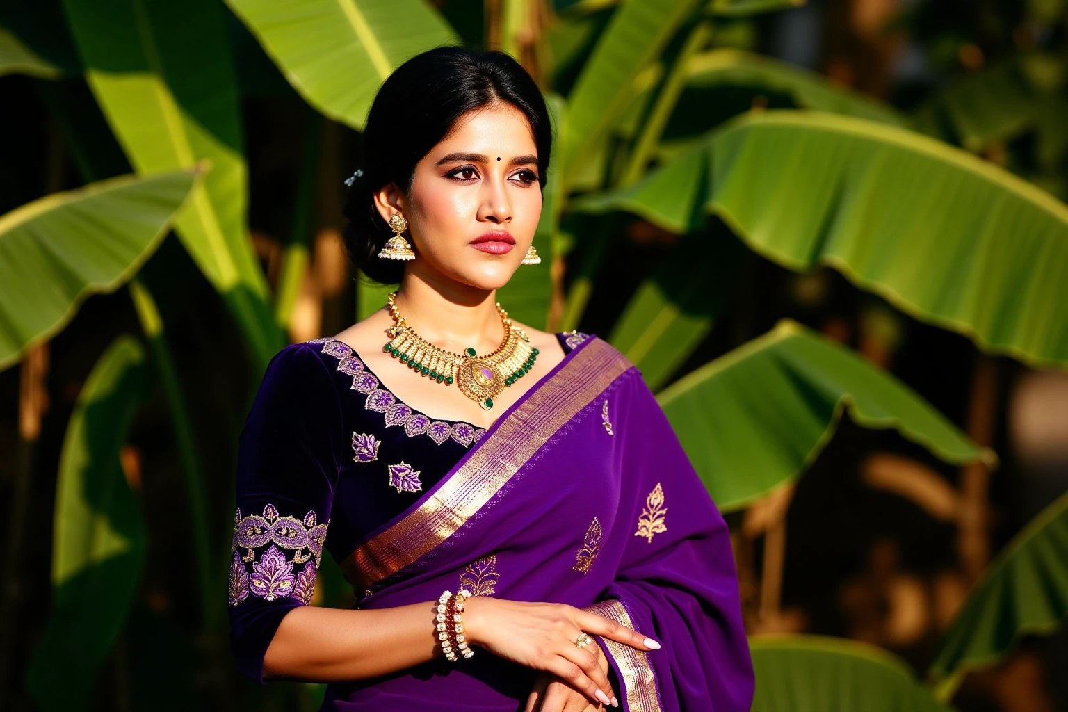 nabhanateshukohwx  adorned in a rich, deep purple silk saree.  The saree features intricate gold zari (brocade) patterns, particularly noticeable along the borders and pallu.  A velvet blouse, also deep purple, with embroidered designs graces the bodice; it has three-quarter sleeves.  The woman's expression is serene and composed, a thoughtful gaze directed slightly to the viewer.  Her dark hair is styled in a neat bun.  She wears a substantial gold necklace with intricate detailing and gold bangles.  The background features lush, out-of-focus banana leaves in varying shades of green, creating a soft, natural backdrop.  The lighting is soft, diffused, and warm, casting no harsh shadows.  The image is shot from a slightly low angle, focusing on the subject to create a well-lit and captivating portrait style.  The colors are rich and vibrant, with the deep purple of the saree standing out against the green foliage. The material of the saree has a smooth, luxurious texture.  The overall style is traditional South Asian, elegant, and sophisticated, with a touch of modern aesthetic. The composition is balanced, showcasing both the detailed saree and the beautiful model.
