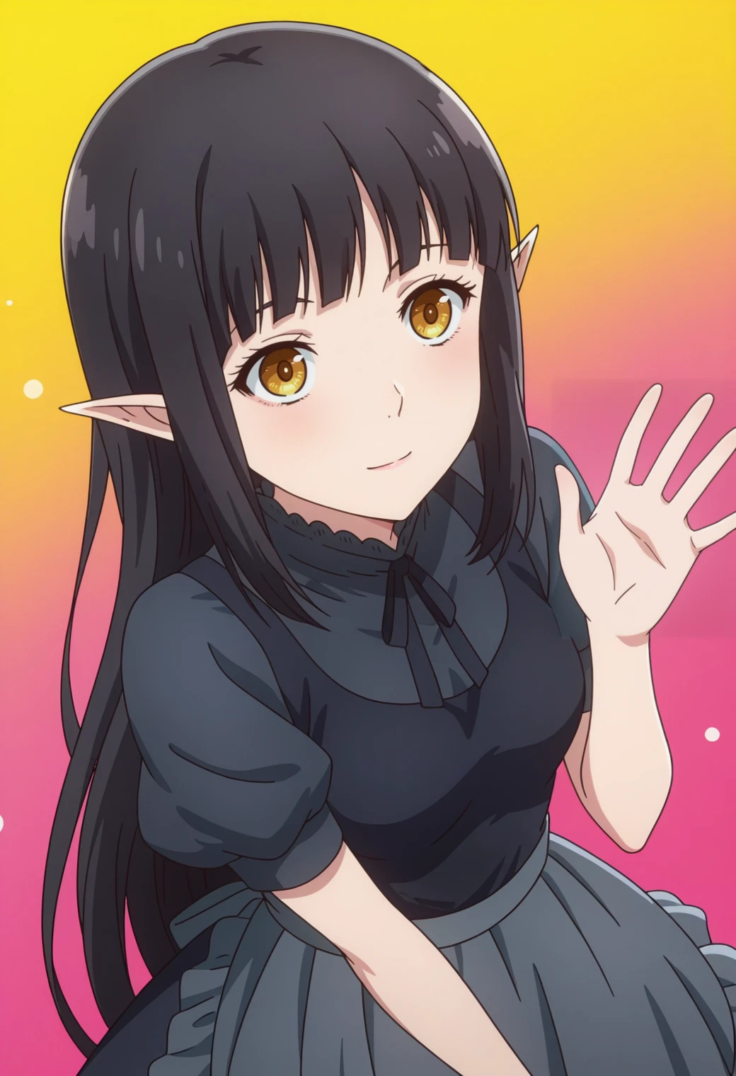 masterpiece, best quality, amazing quality, anime coloring, anime screencap, 1girl,  <lora:DX888KuroIL:1> kuro, pointy ears, yellow eyes, black hair, long hair, black dress, black ribbon, waist apron, puffy short sleeves, maid, light smile,   BREAK (simple background:1.2),  colorful  background pastel background,    waving, from above,