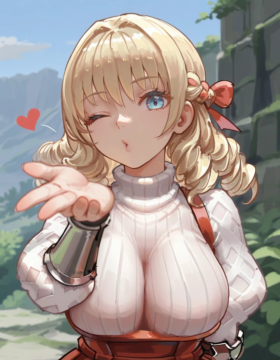 masterpiece, best quality, amazing quality, very aesthetic, absurdres, newest, scenery, depth of field, 
solo, 
<lora:(Unicorn Overlord) - Scarlett - Illustrious:1> uoscarlett, red dress, armor, portrait, wink, blowing kiss, heart, large breasts, white sweater,