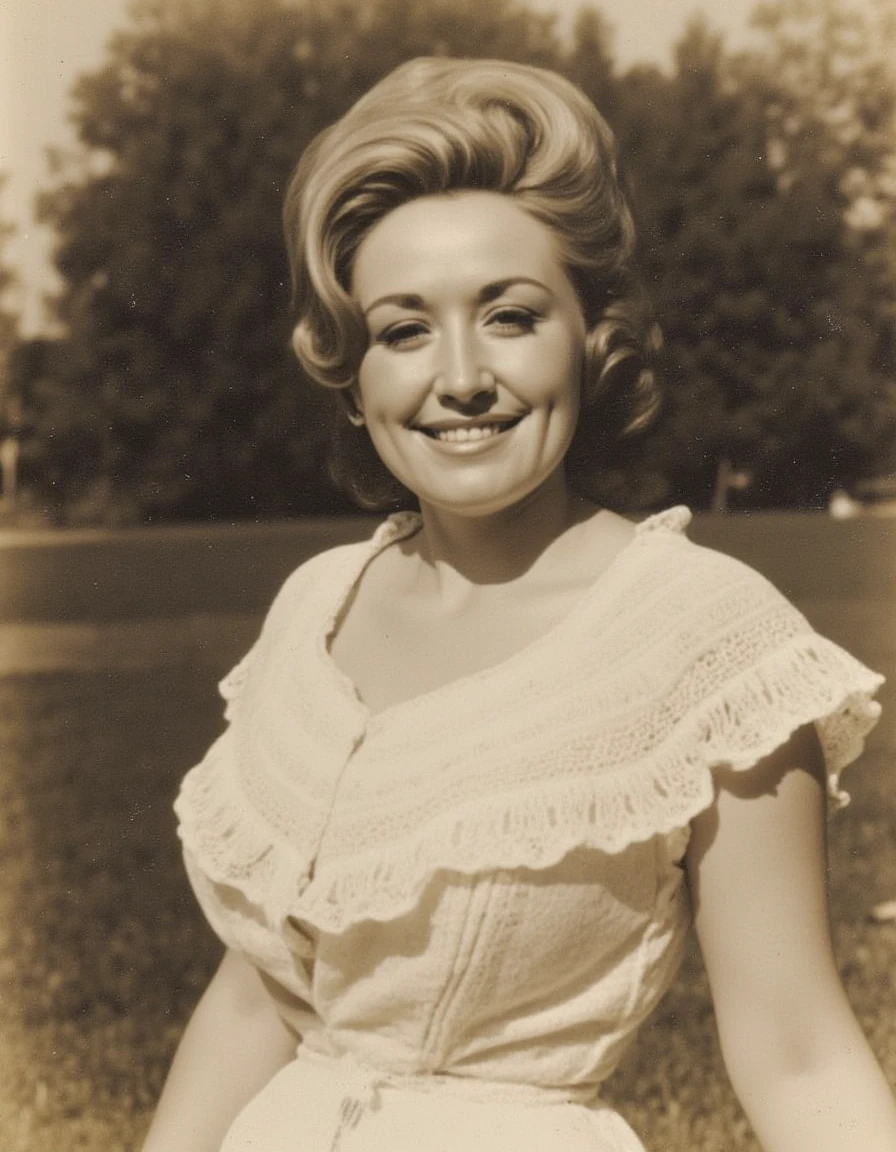 <lora:dolly-parton-flux:1.1> young woman in an old faded photo from the 40s standing outside in the sun wearing a dainty sundress