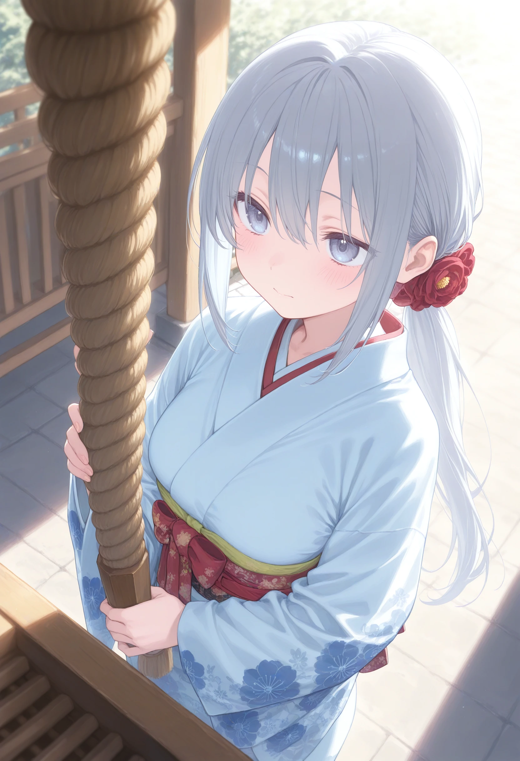 1girl,(sho \(sho lwlw\):0.7),(toosaka asagi:0.5),(sincos:0.3),solo,
masterpiece, best quality, newest, absurdres, CG, anime, source anime, illustration,
medium breasts,
hrine bell, japanese clothes, kimono, rope, outdoors, shrine, standing, new year, shimenawa, hatsumoude, donation box, holding,  <lora:shrinebell_Illust_v1:0.8>
dutch angle, cowboy shot, looking up, gray hair, gray eyes,blush, meeting room, closed mouth, low ponytail hair,,