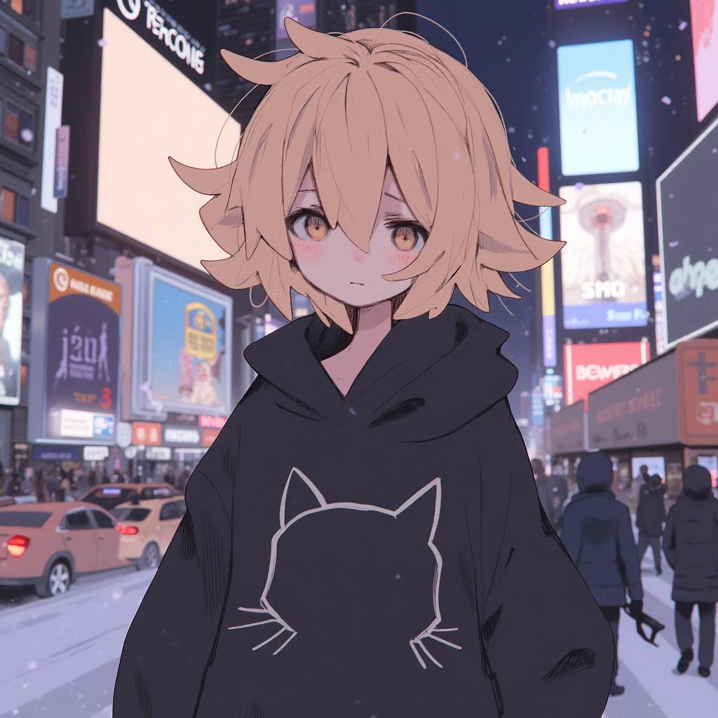 Urcarta \(Artist\), @urct, 裏方 \(芸術家\), 1 woman with short blonde curly hair, black hoodie with a minimalistic cat design on the front, wearing with eyeliner, background is a street view of Newyork times square at night, neon signs in the background, it is snowing