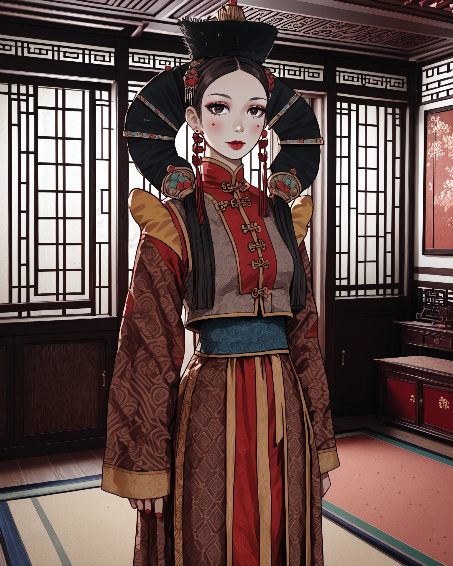 1girl, monfa, waist-up, asian room interior, anicient chinese living room, masterpiece, highest quality, absurdres, digital art, very detailed, score_9, score_8_up, score_7_up, <lora:MongolianFashion_XL:1.2>, serene,  <lora:DKXLP:1.1> DK