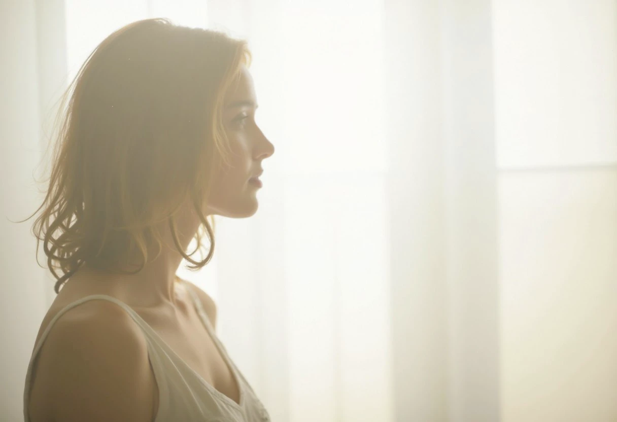 an aesthetic, minimalist depiction of a female profile in side view. The focus is on the soft contours and calm, monochromatic tones. The scene feels mystical and dreamy, almost as if viewed through a delicate mist, with gentle light accentuating the silhouette. The background is diffuse and creamy white, drawing attention to the elegant simplicity of the figure.