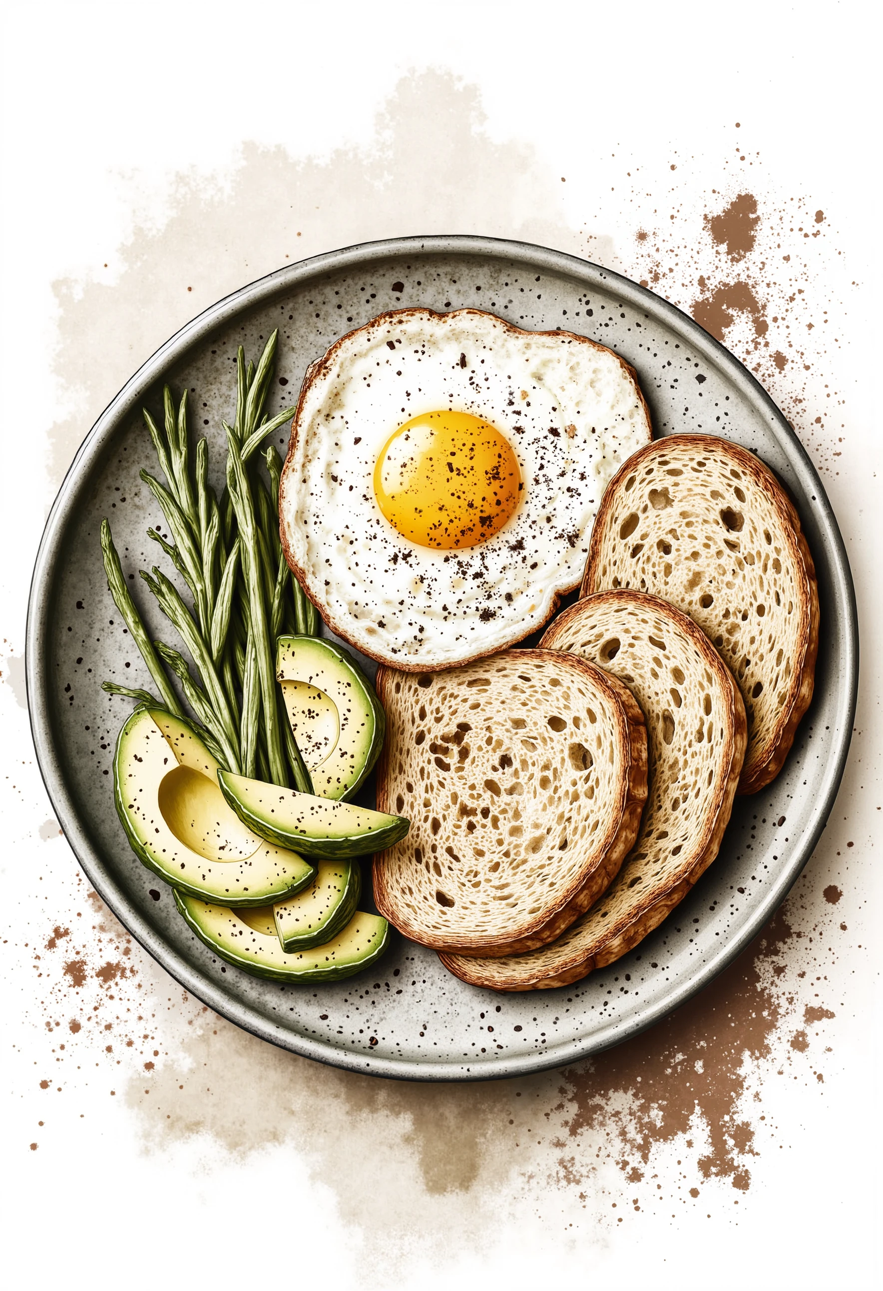 pst010, a real photography of a minimal gray plate of a healthy breakfast including toasted barely bread, sunny side up eggs, sliced avocado, healthy sides, real, minimal background, detailed