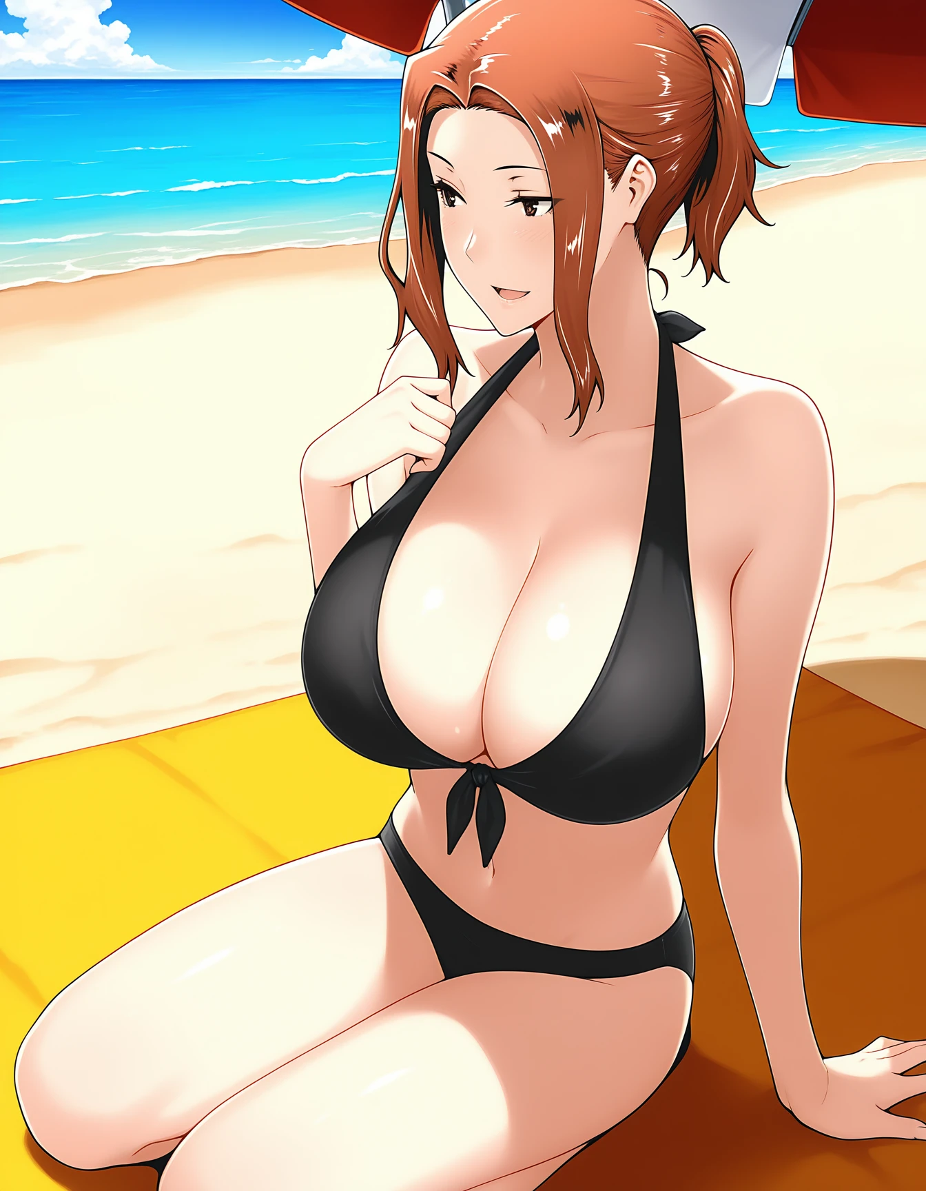 1girl, tachibanakyouka, short ponytail, smile, talking, looking to the side, light blush, open mouth, seiza, arm support, hand up, black bikini, halterneck, front-tie top, cleavage, solo, perspective, beach, beach umbrella, mat, sand, ocean, water, tropical, sunlight, sensitive, 
masterpiece, best quality, amazing quality, absurdres  <lora:Tachibanasan_Illustrious01_v1-000032:1.0>,