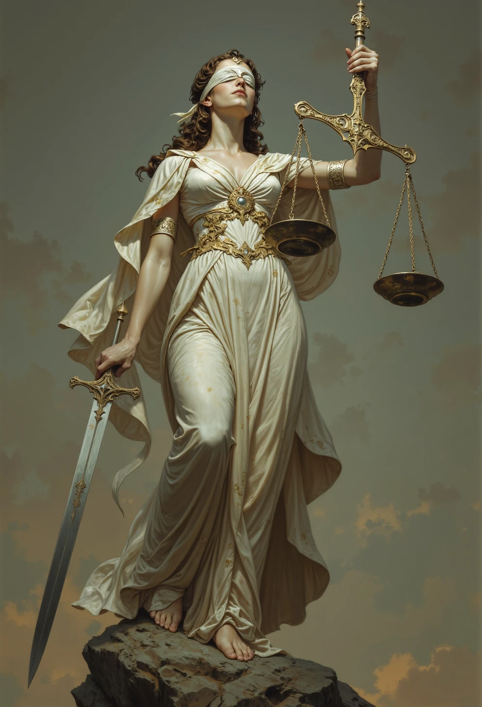 <lora:ck-painterly-fantasy-000017:0.8>, The scales of justice, symbol of justice, mythology and religion, gods and goddesses, Justitia: The Roman goddess of justice, Justitia was often portrayed wearing a blindfold and holding a sword and scales that were evenly balanced. The scales of justice symbolize the importance of finding a solution that addresses all parties involved, including the guilty, the innocent, and the law itself.