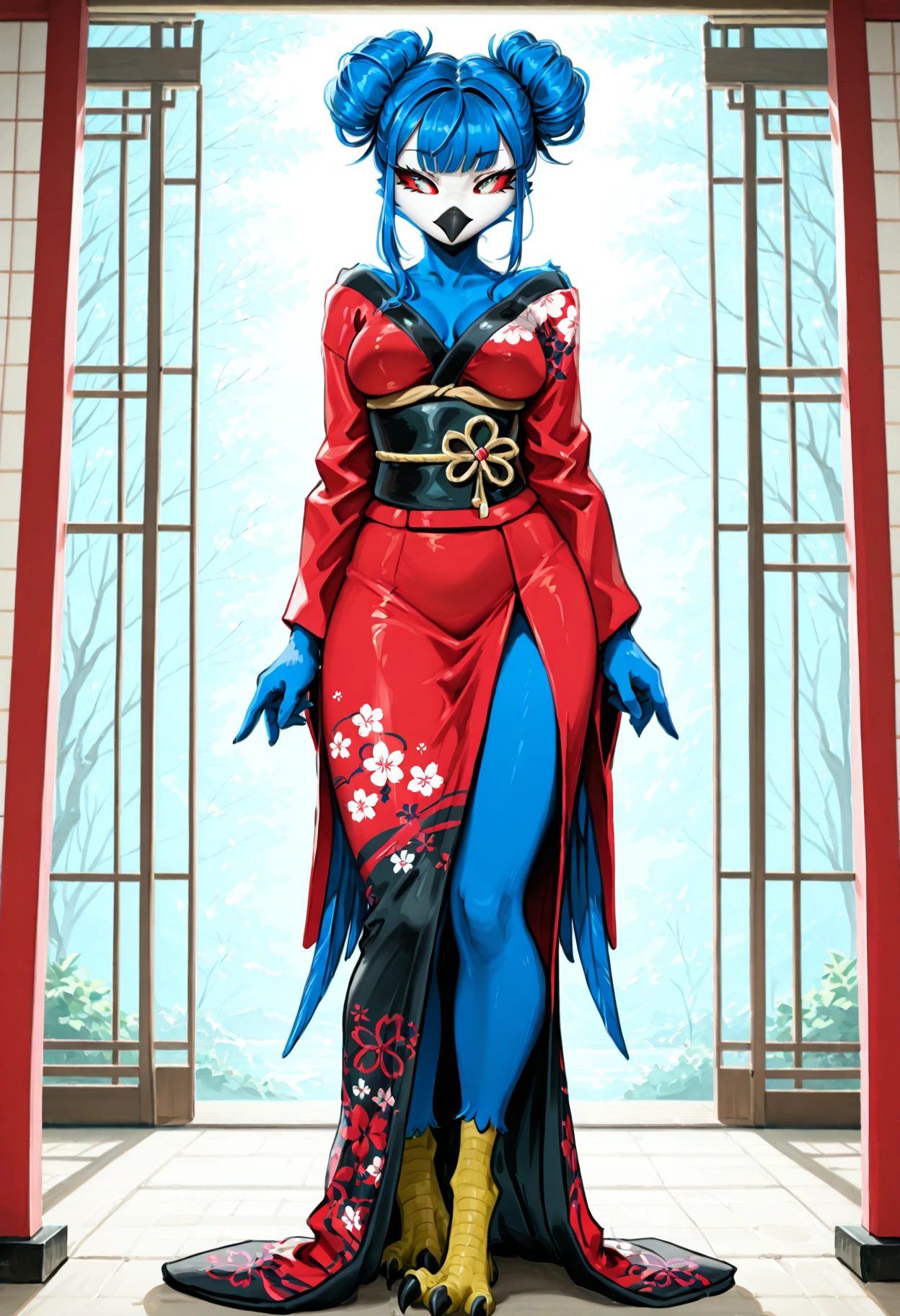 (beautiful, masterpiece, detailed), 1girl, (solo), k1sh1r0, female anthro bird, furry bird, furry owl, avian, medium breasts, blue feathers, fluffy, body fur, blue hair, hair buns, double buns, bangs, black beak, white face, red sclera, white eyes, winged arms, standing, japanese kimono, red kimono, bird feet with talons, barefoot, bare feet,