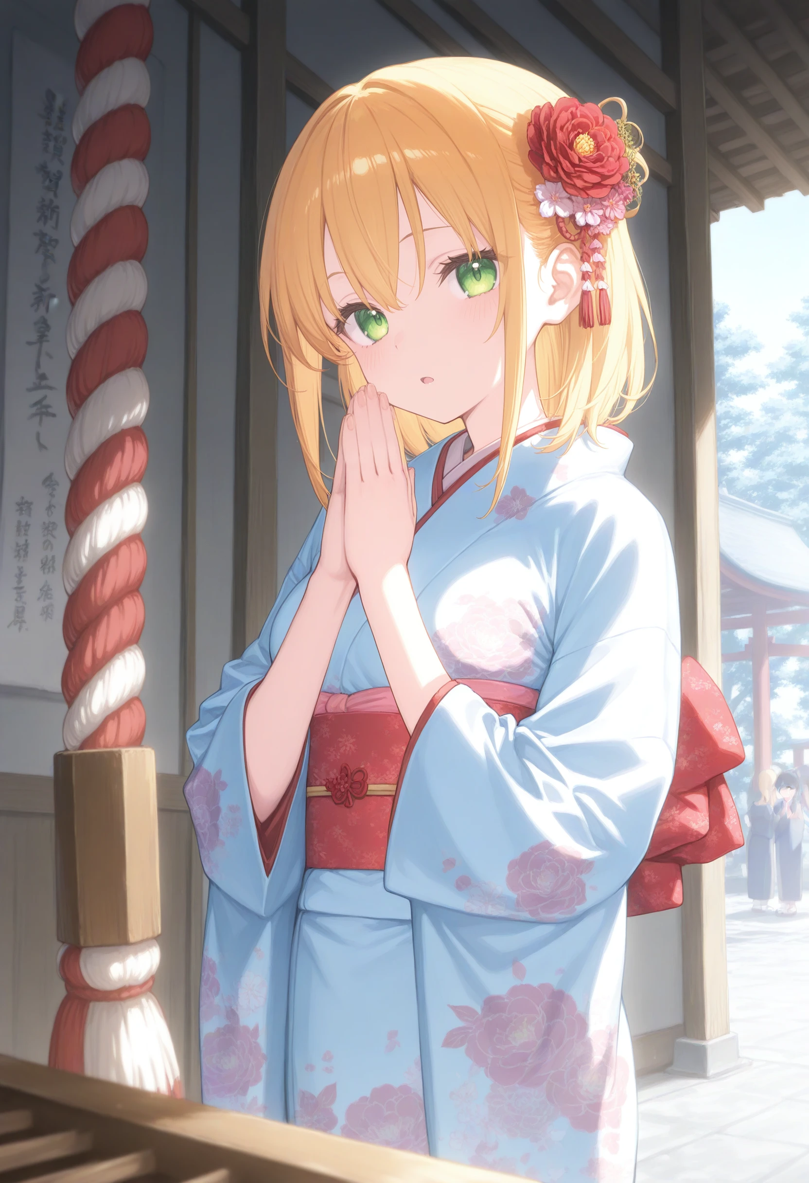 1girl,(sho \(sho lwlw\):0.7),(toosaka asagi:0.5),(sincos:0.3),solo,
masterpiece, best quality, newest, absurdres, CG, anime, source anime, illustration,
medium breasts,
hrine bell, japanese clothes, kimono, hair flower, print kimono, furisode, rope, outdoors, shrine, standing, new year, shimenawa, hatsumoude, donation box,
own hands together, praying, hands up, palms together, <lora:shrinebell_Illust_v1:0.8>
ceiling, cowboy shot, looking at viewer, blonde hair, green eyes,depressed, connecting corridor, open mouth, shiny hair,,