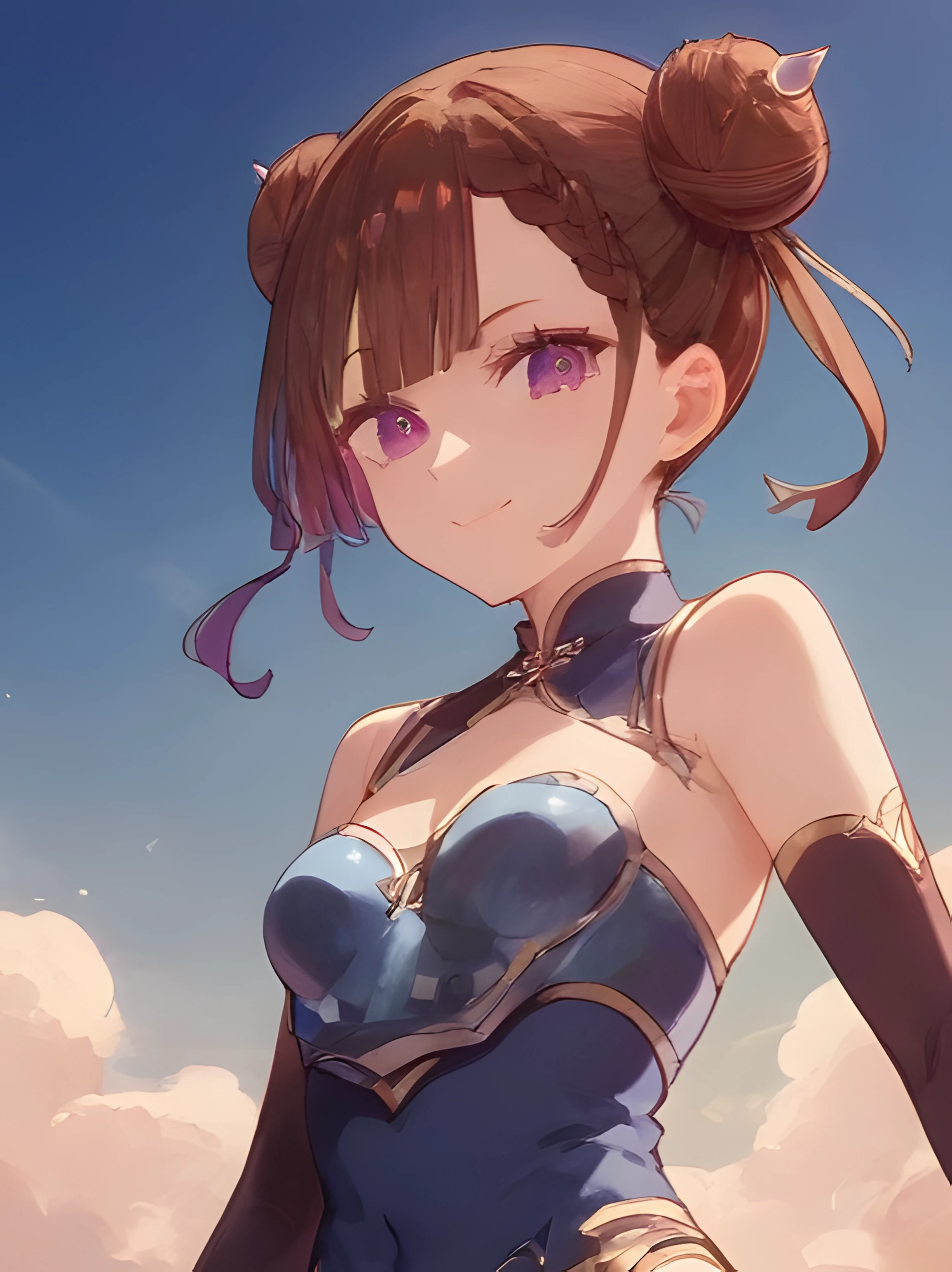 Tsuan, 1girl, solo, looking at viewer, smile, brown hair, thighhighs, gloves, dress, closed mouth, standing, purple eyes, braid, small breasts, outdoors, sky, day, black gloves, elbow gloves, black thighhighs, cloud, hair bun, armor, bracelet, blue sky, v-shaped eyebrows, double bun, shoulder armor, building, pelvic curtain, spikes, pauldrons, city, braided bun