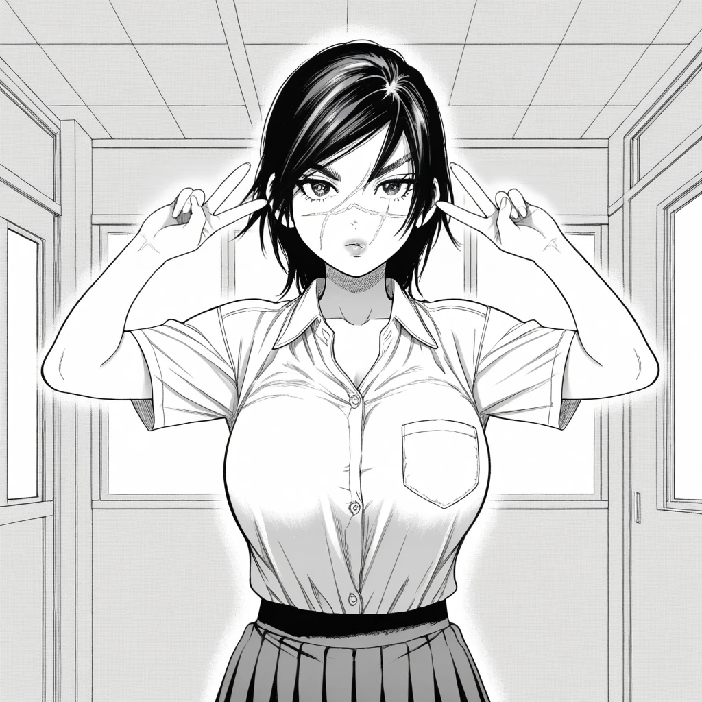 masterpiece, best quality, SaichiSugimoto, 1girl, solo, black hair, short hair, scar on face, shirt, skirt, school uniform, monochrome, greyscale,    <lora:female_SaichiSugimoto_illustrious_Leaf1:1>, indoors, upper body, double v,