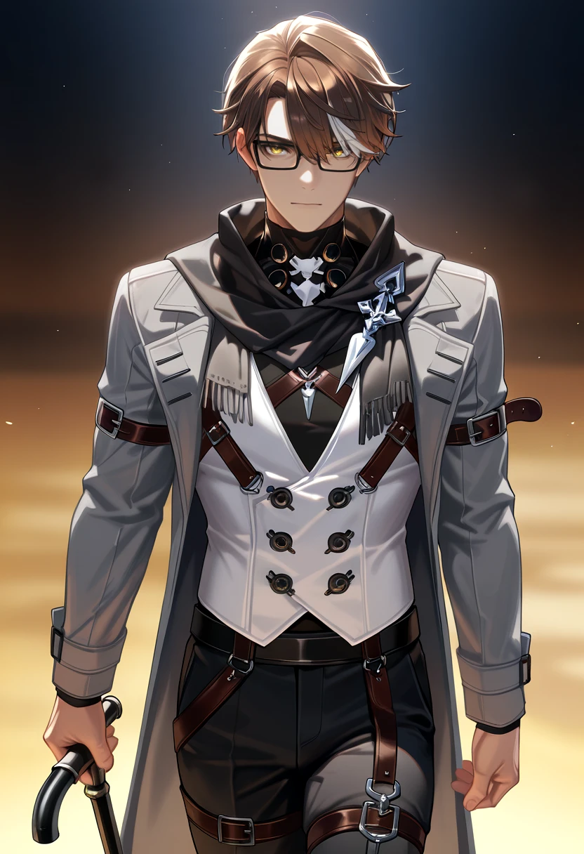 masterpiece, best quality <lora:Welt Yang-initium-ilxl:1> 1boy, male focus, brown hair, white streak, short hair, black-framed eyewear, yellow eyes, black undershirt, white vest, belts, grey coat, vest under clothes, black scarf, black pants, streaked hair, white hair, brooch, aged up, holding cane, (mature male:0.3), harness, thigh belt, arm belt,