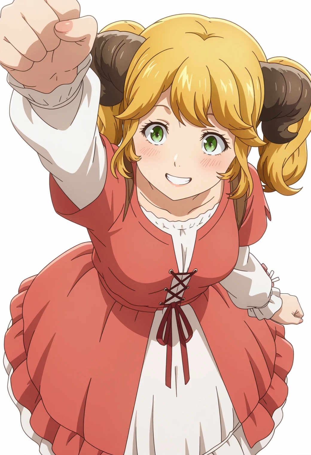 masterpiece, best quality, amazing quality, anime coloring, anime screencap, solo, 1girl,  <lora:DX888AlettaIL:1>aletta, twintails, green eyes, blonde hair, twintails, horns, dress,   grin,  blush   BREAK (simple background:1.2),  white  background pastel background,    raised fist, from above,