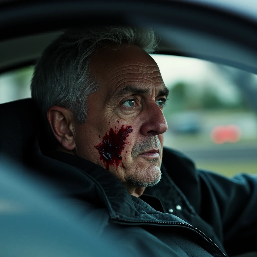 cinematic film still of <lora:racing car style v1:0.8>
In racing style, a man with a bloody face driving a car, solo, short hair, 1boy, grey hair, male focus, coat, blood, ground vehicle, blood on face, realistic, old, old man, car interior, impact, crash, explosion, destruction, strike, wreck, smash, exploding cars, wrecked cars, cinematic shot, film, different color, real, collision, road rage, sport cars, sports car, car race, dismembering, falling, flying, accident, disaster, cinematic explosion, chaos, disintegration, high speed, vehicle, different sports car, flying debris, Muzzle blast, broken glass, sports car style, car, shallow depth of field, vignette, highly detailed, high budget, bokeh, cinemascope, moody, epic, gorgeous, film grain, grainy