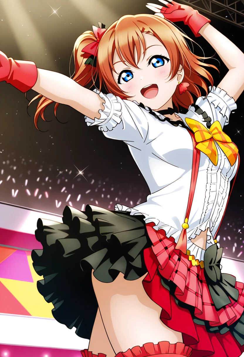 masterpiece, best quality, 1girl, solo, cowboy shot, <lora:ill_lv_honoka:1>, lovelive_honoka, cowboy shot, bokura wa ima no naka de, red skirt, frills, white dress, fingerless gloves, red gloves, thighhighs, breasts, bangs, one side up, red hair bow, short hair, brown hair, blue eyes, looking at viewer, smile, open mouth, dynamic pose, arm up, live stage