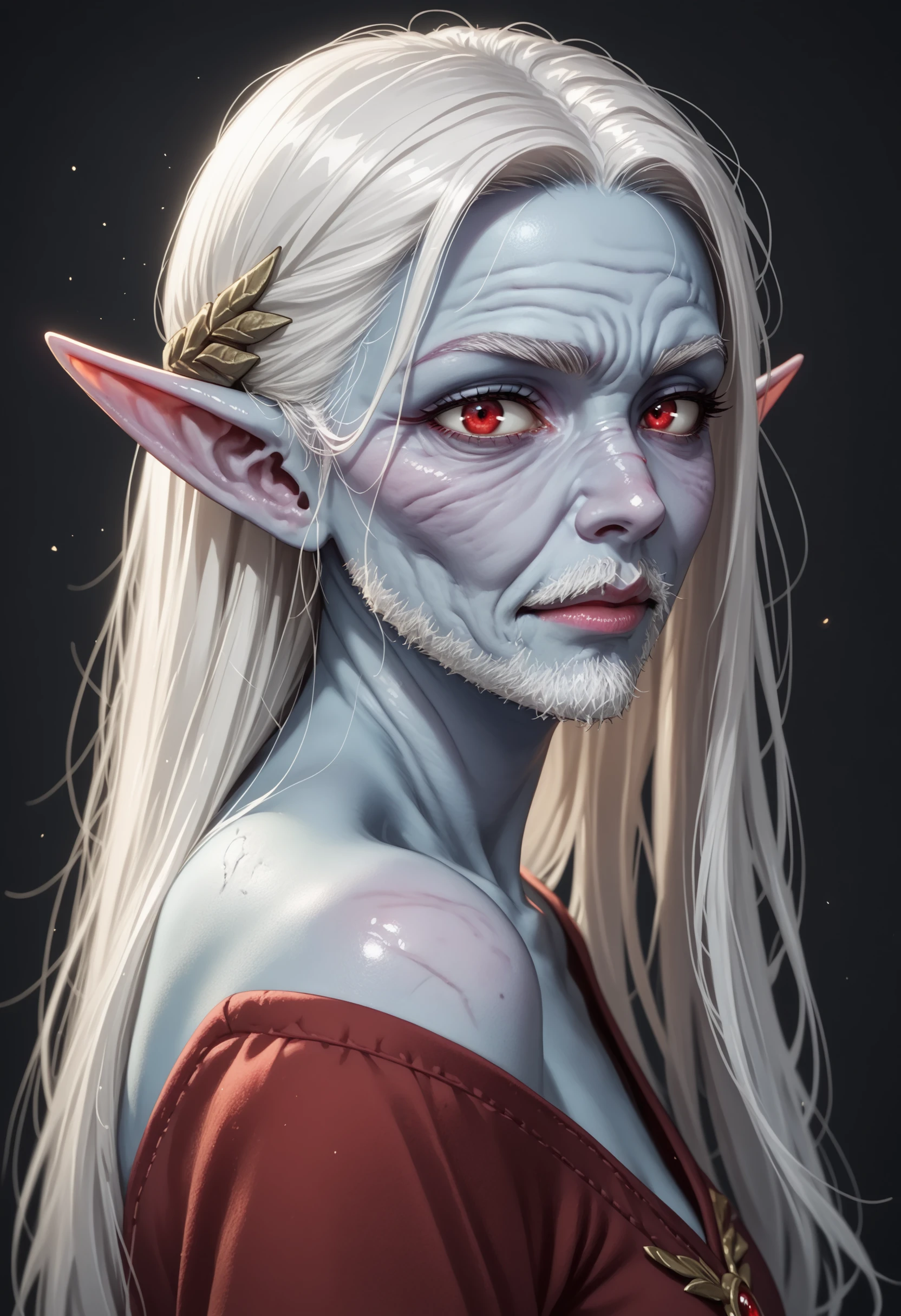 PonyXLV6_Scores minthara, pointy ears, elf, colored skin, red eyes, blue skin, realistic, drow, white hair, mature, shiny skin, from side, sneezy, breezy, snot filled, diseased, handsomize, ugly, beard, old, wrinkles,âââ