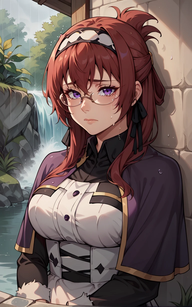 score_9, score_8_up, score_7_up, BREAK 
Capelet_LiliaGreyrat_ownwaifu, 
1girl, folded ponytail, glasses, hair between eyes, hairband, long hair, purple eyes, red hair, semi-rimless eyewear, sidelocks, under-rim eyewear, white hairband, bangs, hair ribbon, breasts,  
black capelet, fur trim,  black dress, capelet, collared shirt, juliet sleeves, long dress, maid, white apron, black ribbon, long sleeves,
(portrait, rain, sad), crying, waterfall, wet, wet clothes, closed mouth, hydrangea, outdoors, <lora:PONYXL_MushokuTensei_LiliaGreyrat_ownwaifu:0.75>, solo,