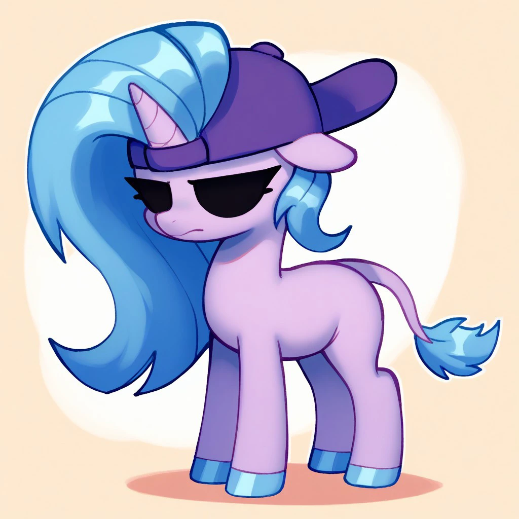 angstrom, OverallDetail, score_9, score_8_up, score_7_up, score_6_up, score_5_up, score_4_up, BREAK, Cybermare, blue hooves, pink fur, pony, backwards cap, purple cap, blue hair, black eyes, BREAK,