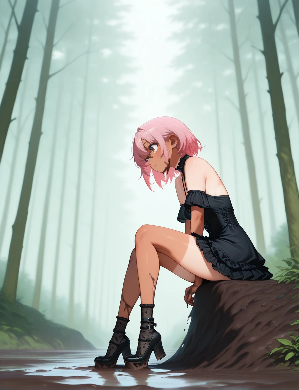 masterpiece,best quality,higres illustration,detailed face,1girl,<lora:nb_tanlines_IL:1>,tanlines,high heels,forest,dress,frilled skirt,socks,mud,sitting,pink hair,goth,