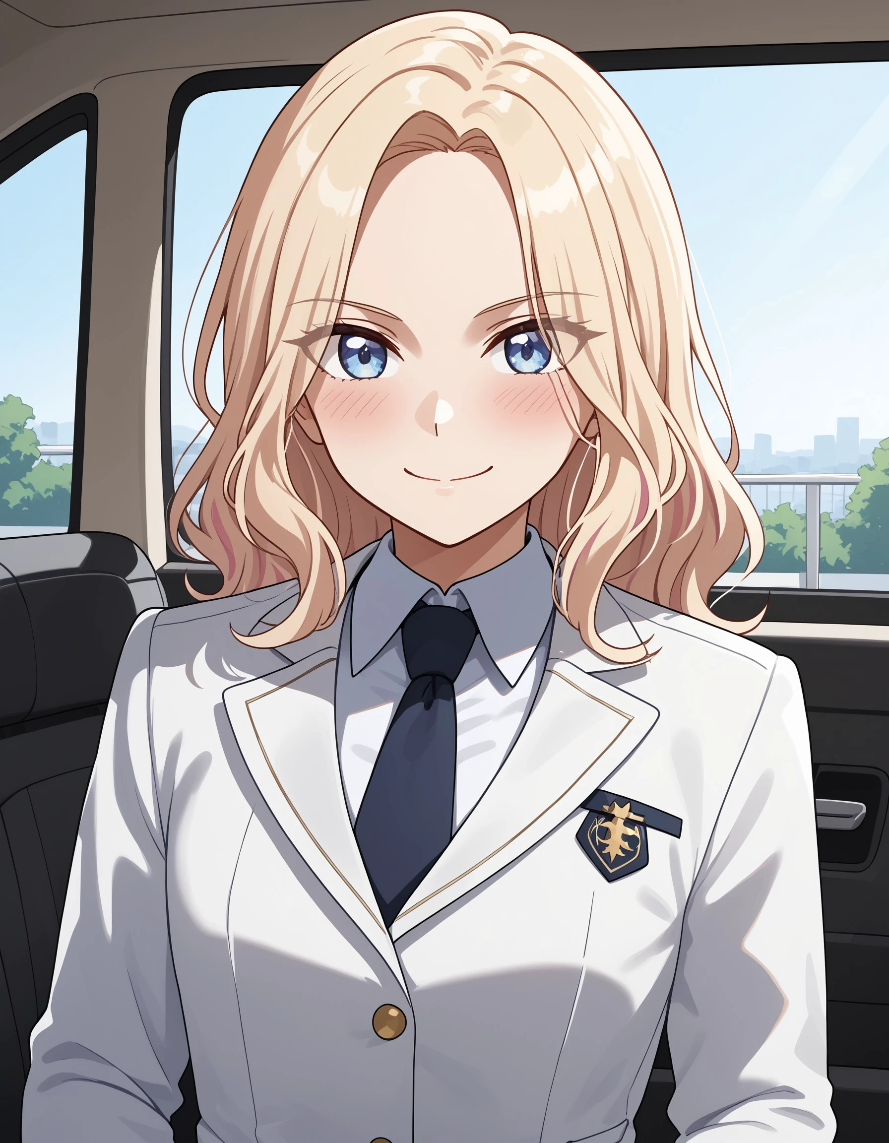 (masterpiece), best quality, expressive eyes, perfect face, jacket, white jacket, smile, eyes visible through hair, necktie, long sleeves, shirt, closed mouth, window, blush, upper body, indoors, ground vehicle, parted bangs, sena_juo, car interior, <lora:738bdc2f-e4c4-4cf3-8bec-52dbcc3a955f:0.7>