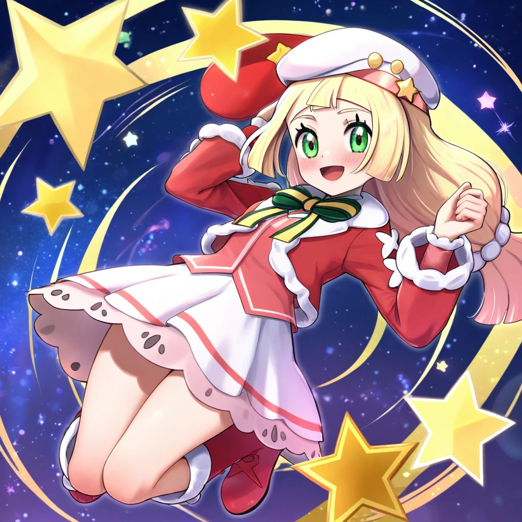 (1girl, solo,), jumping, full_body, close-up, stars, hearts, christmas_background, smiling, blush, holillie, lillie_\(pokemon\), green_eyes, blonde_hair, long_hair, bangs, white_headwear, star_\(symbol\), long_sleeves, official_alternate_costume, bow, jacket, red_jacket, fur_trim, skirt, white_skirt, long_skirt, knees, boots, fur_trimmed_boots, red_footwear, masterpiece,best quality,amazing quality,very aesthetic,high resolution,ultra-detailed,absurdres,newest,volumetric lighting