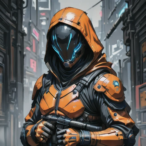 oren-bot-mmxxiv, a digital illustration in a stylized futuristic cyberpunk art style. The subject is a humanoid figure likely a soldier or mercenary dressed in high-tech orange and black armor with glowing blue accents. The armor features a hooded cloak that drapes over the figure's head with the hood pulled up obscuring the face except for the glowing blue visor that covers the eyes giving a robotic or cybernetic appearance. The visor's glow casts a bright ethereal light on the armor highlighting the intricate details and textures.